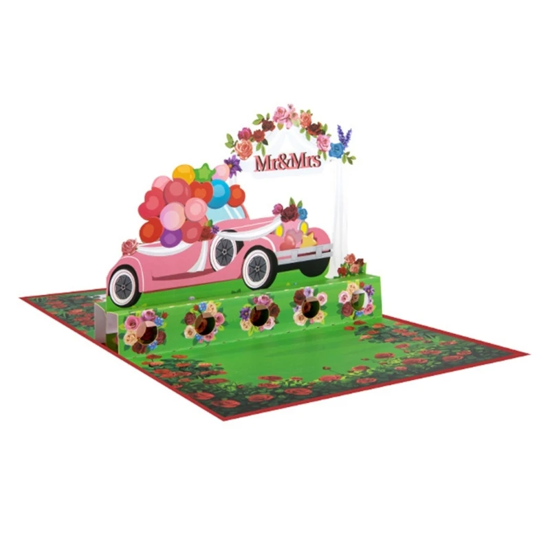 Beautiful Rose Wedding Car 3D Card Unique 3D Pink Wedding Car Themed Greeting Paper Card For Memorable Celebration