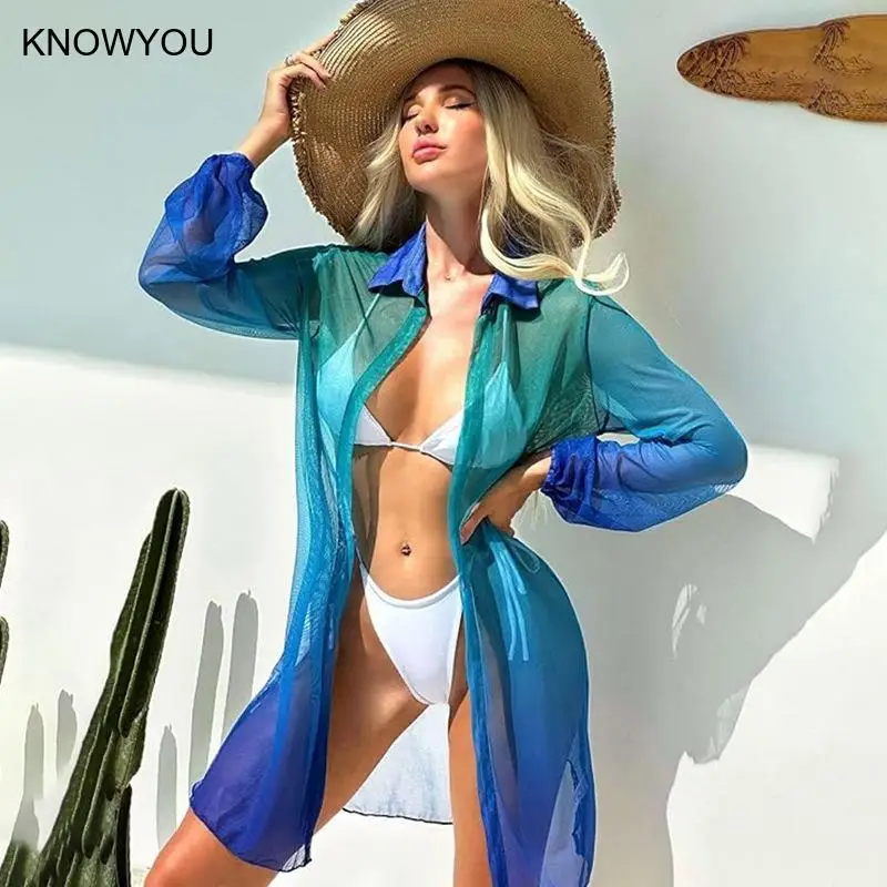 New Gradient Collared Long Sleeve See Through Tunic Beach Cover Up Cover-Ups Beach Dress Beach Wear Beachwear Female Women Dress