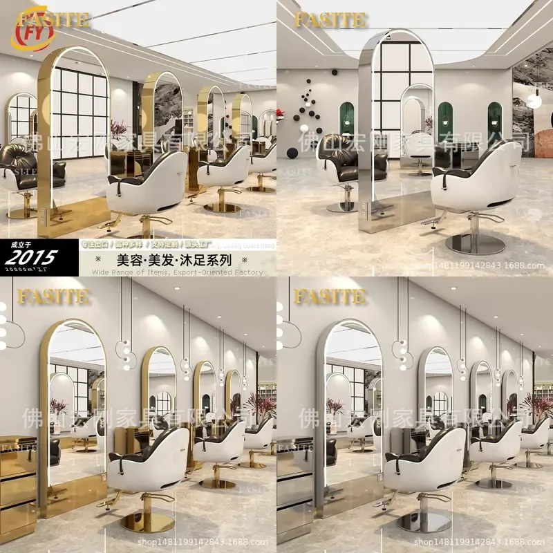 For Hair LED Floor to Ceiling Full Body Mirror Barber Shop Wall Mounted Double Sided Lighted Vanity Mirror with Table