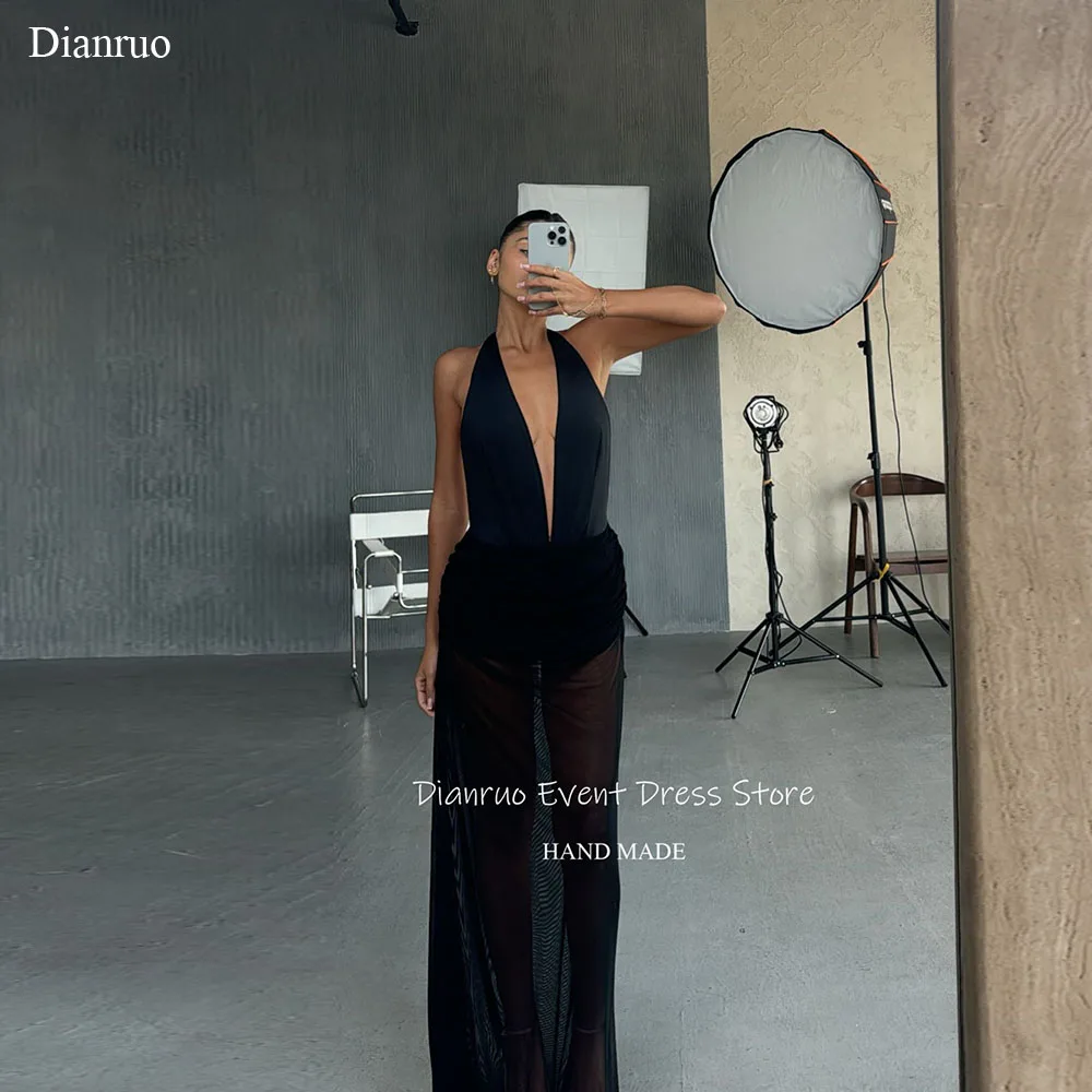 

Dianruo Gothic Chic Sheer Overlay Evening Dress Sexy Halter Ruched Deep V Neck Prom Gowns High Fashion Vestido Longo Customized