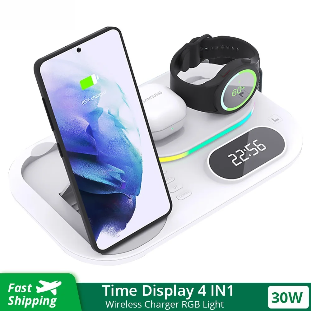 Top! LED Digital Clock 4 in 1 Wireless Charger Folding for Samsung S22/S21 Qi 30W Wireless Chargers Station for Galaxy