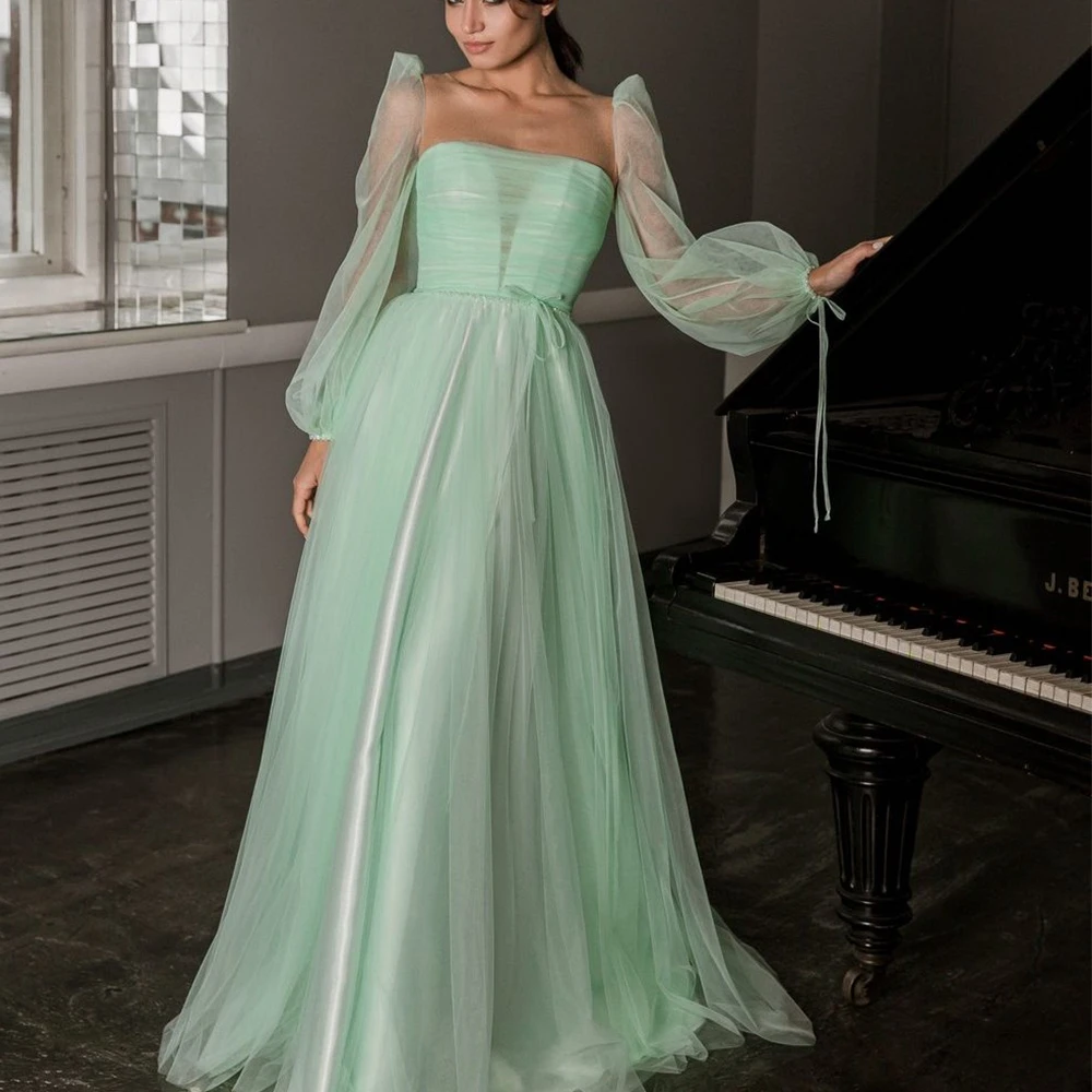 

Light Green Simple Evening Dresses Long Sleeves Balloon Sleeve Tulle Grab Pleated Floor A-Line Skirt Women's Night Party Gowns