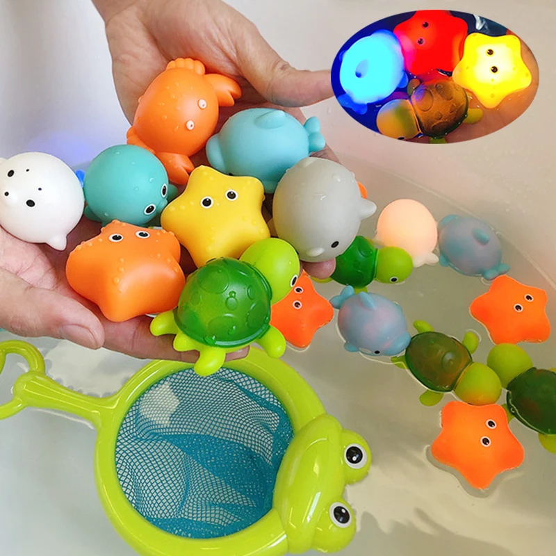 Kids Floating Bath Toys Mini Swimming Luminous Frogs Ducks Fishing Net Washing Swimming Funny Flashing Light Toddler Water Toys