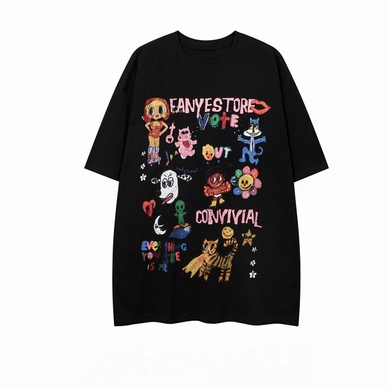 Summer 2026 Gothic Fun Hand-drawn Cartoon Graffiti Print Short-Sleeved T-Shirt for Men and Women - Couple's Clothing