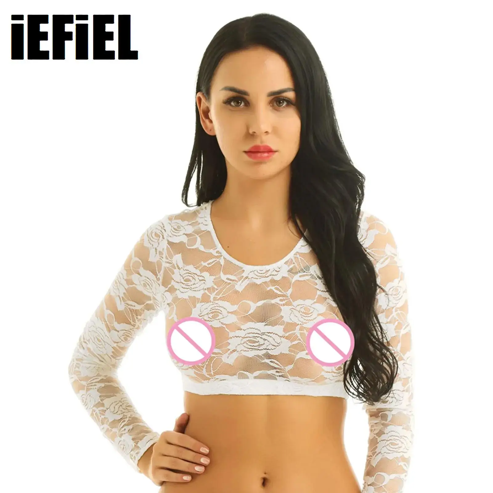 

Women Floral Lace T-shirt Soft Mesh Crop Tops See Through Sheer Scoop Neck Long Sleeves Short Blouse T-shirt