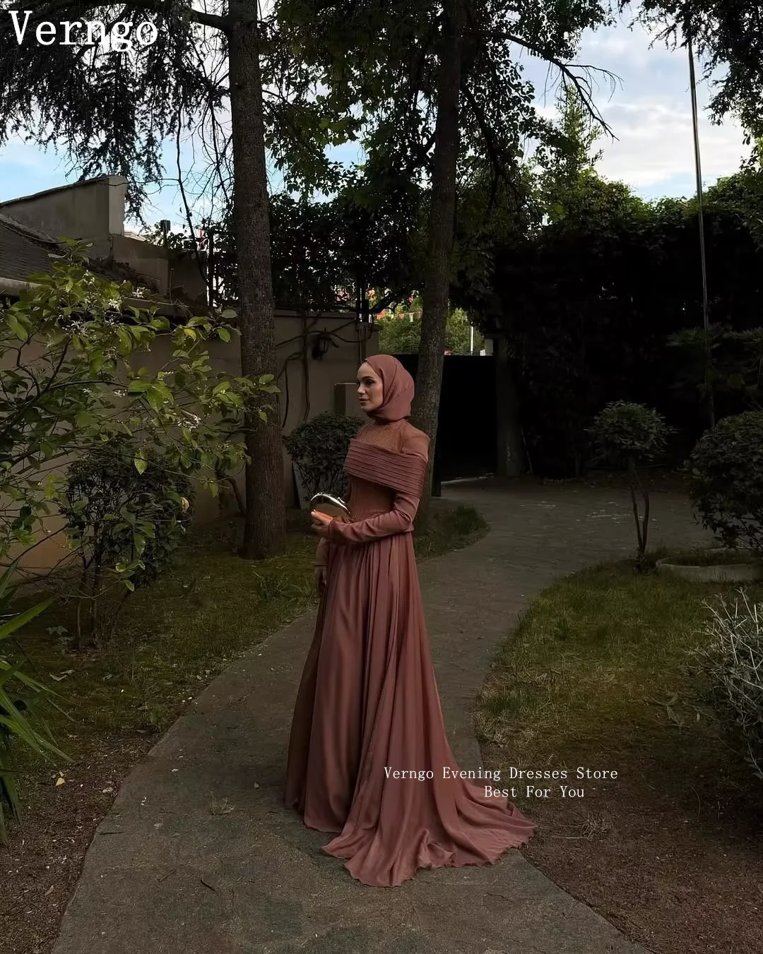 

Verngo Coffee Brown Crepe Eening Dress O Neck A Line Full Sleeves Prom Gowns Modest Pleated Maxi Party Gowns Customized