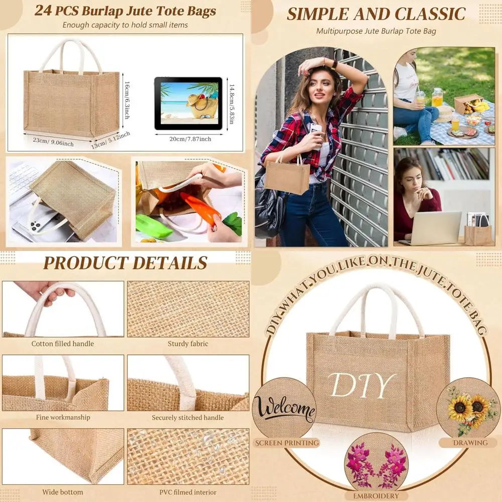 

Mini Waterproof Jute Tote Bags - Reusable Canvas for Weddings, Beach & DIY Gifts (9.06 x 6.3 x 5.12)