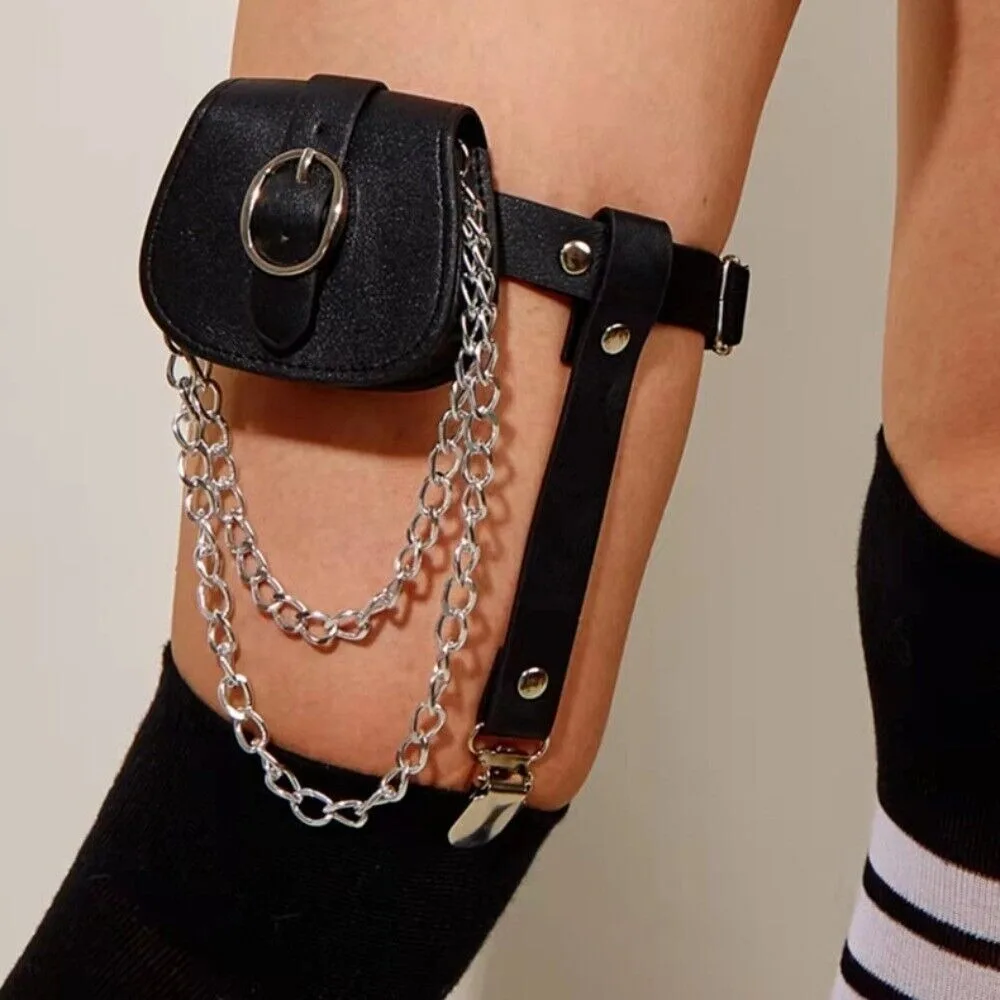

Sexy PU Leather Thigh Harness Chain Goth JK Garter Stocking Clips Leg Bag Garter Women
