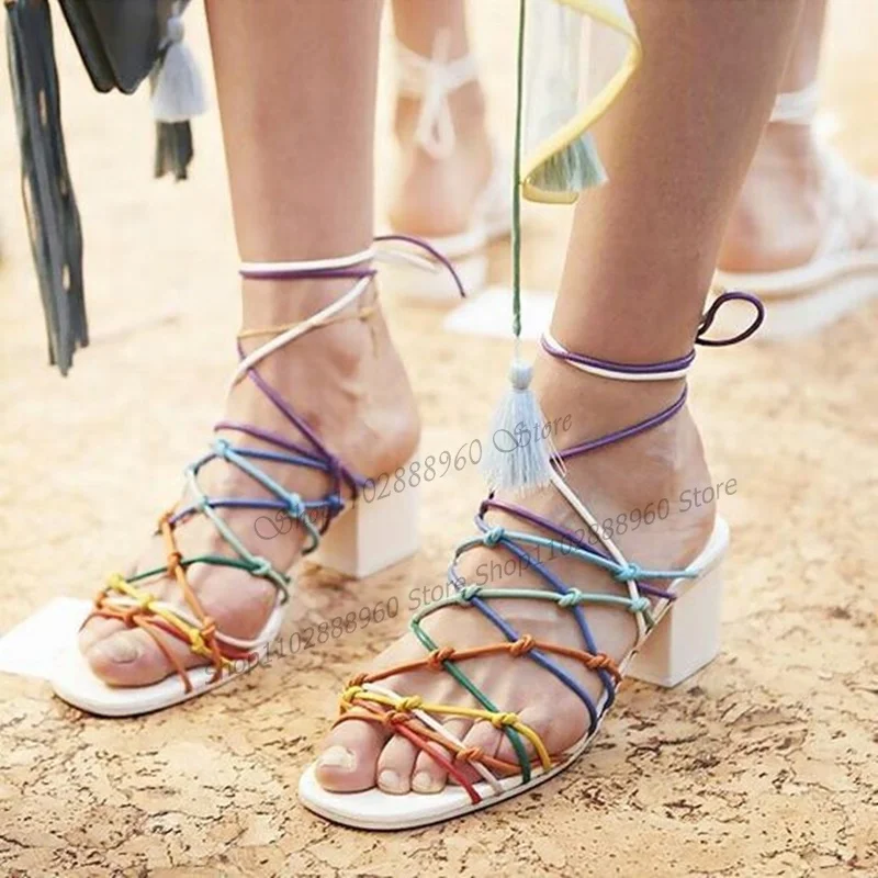 

Mixed Color Lace-Up Knot Decor Sandals Chunky High Heel Cut Heel Shoes For Women Open Toe 2023 Fashionable Zapatos Para Mujere