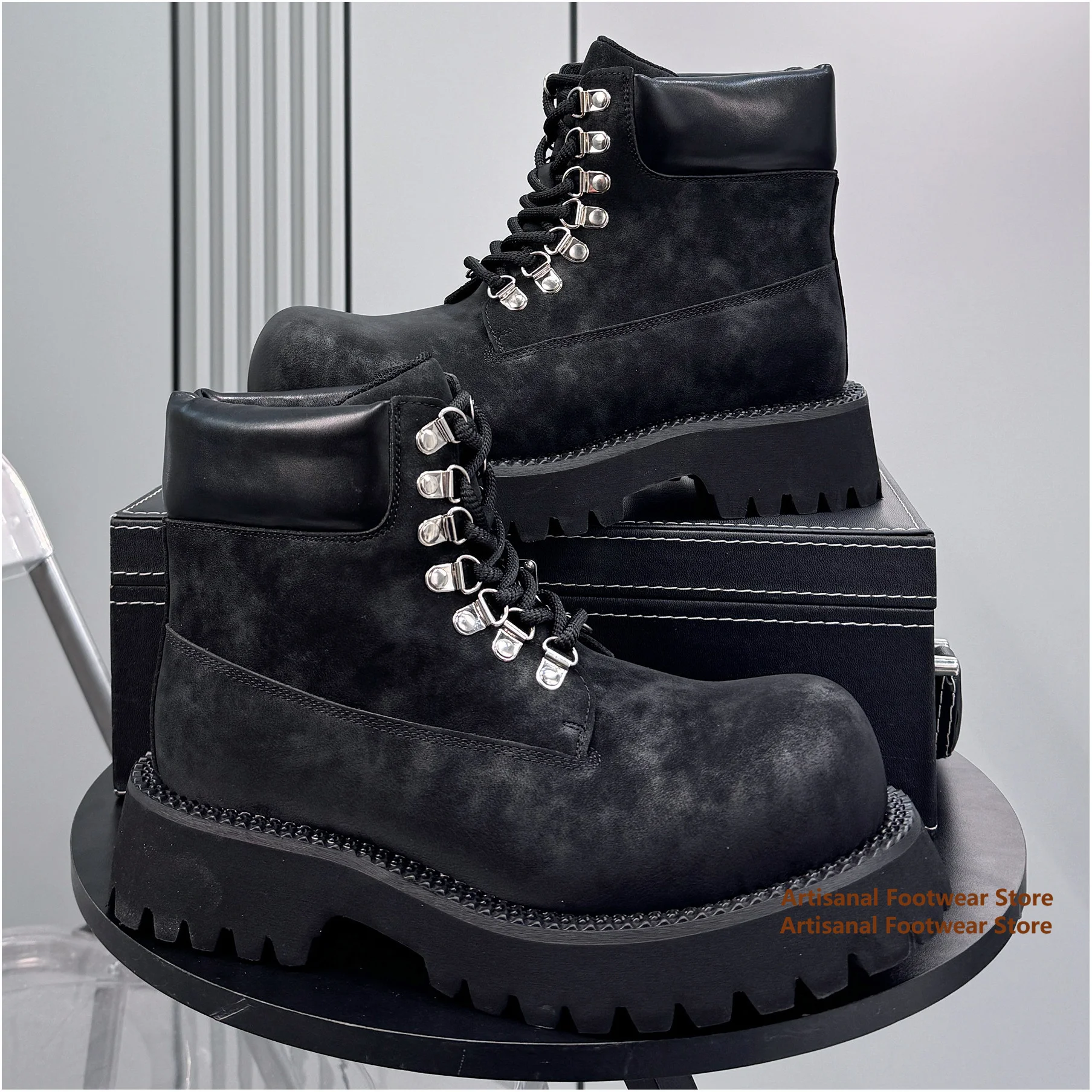 Thick-Soled High Top Men's Boots Spring New Style Height Increasing Lace-Up Men's Big Round Toe Derby Shoes Trendy Men's Shoes - view 3