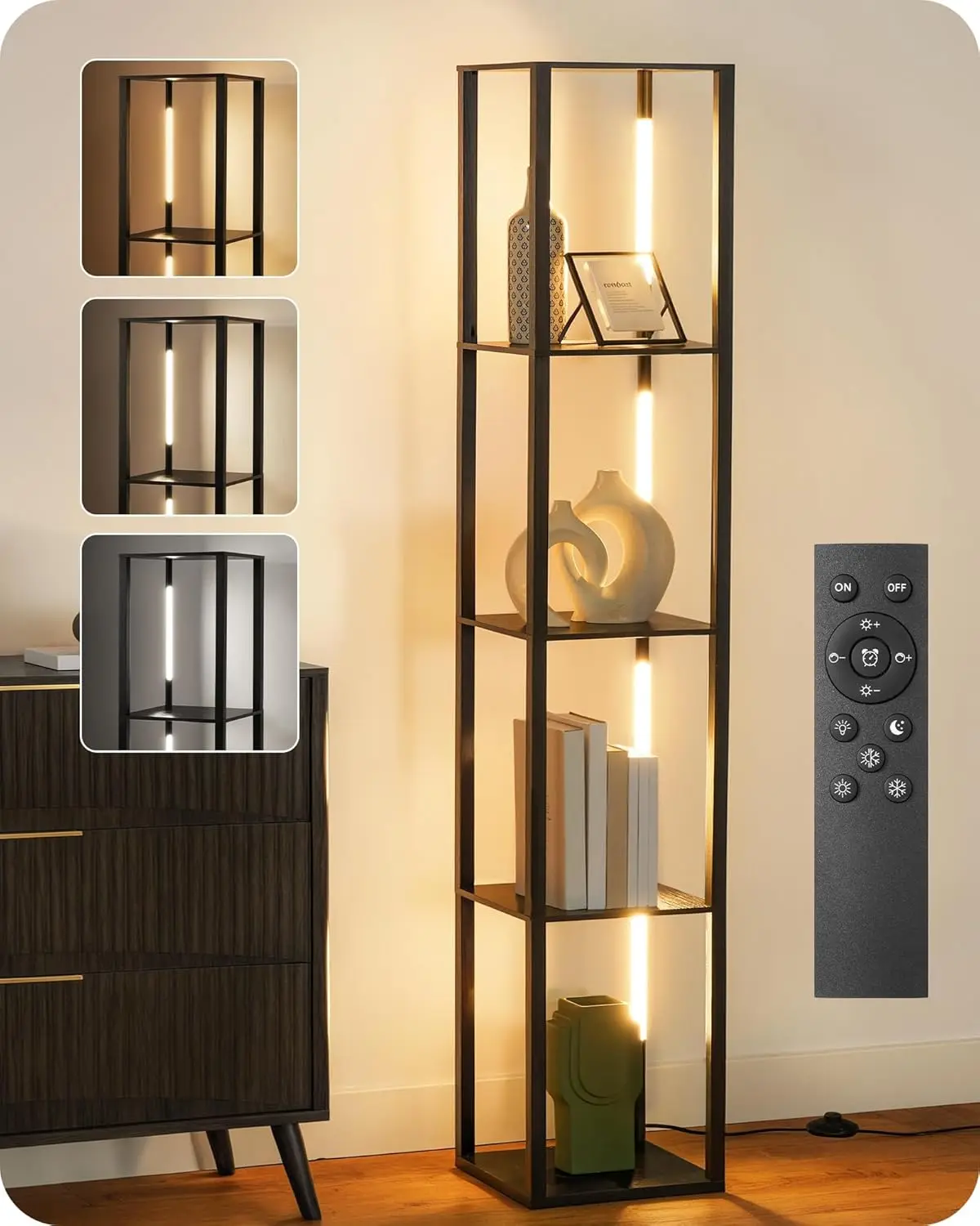 

64.2" Modern Corner Floor Lamp with LED Light and Shelves, Dimmable Remote for Living Room, Bedroom, Office