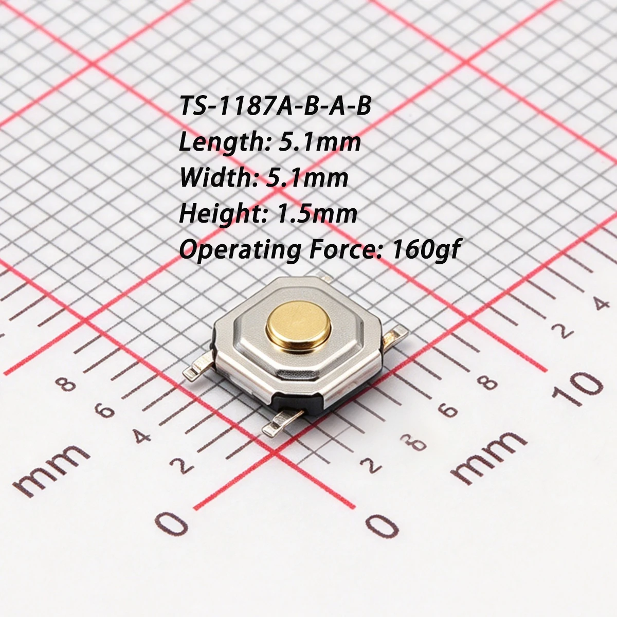 50Pcs Ts-1187A-B-A-B Tactile Switch 5.1X5.1X1.5Mm Smd 160Gf Metal Head Waterproof Smd 4Pin 1.6N Single Pole Single Throw Rohs Round Button Pa46 Brass 50Ma 12Vdc 5.1*5.1*1.5mm Brand New Product