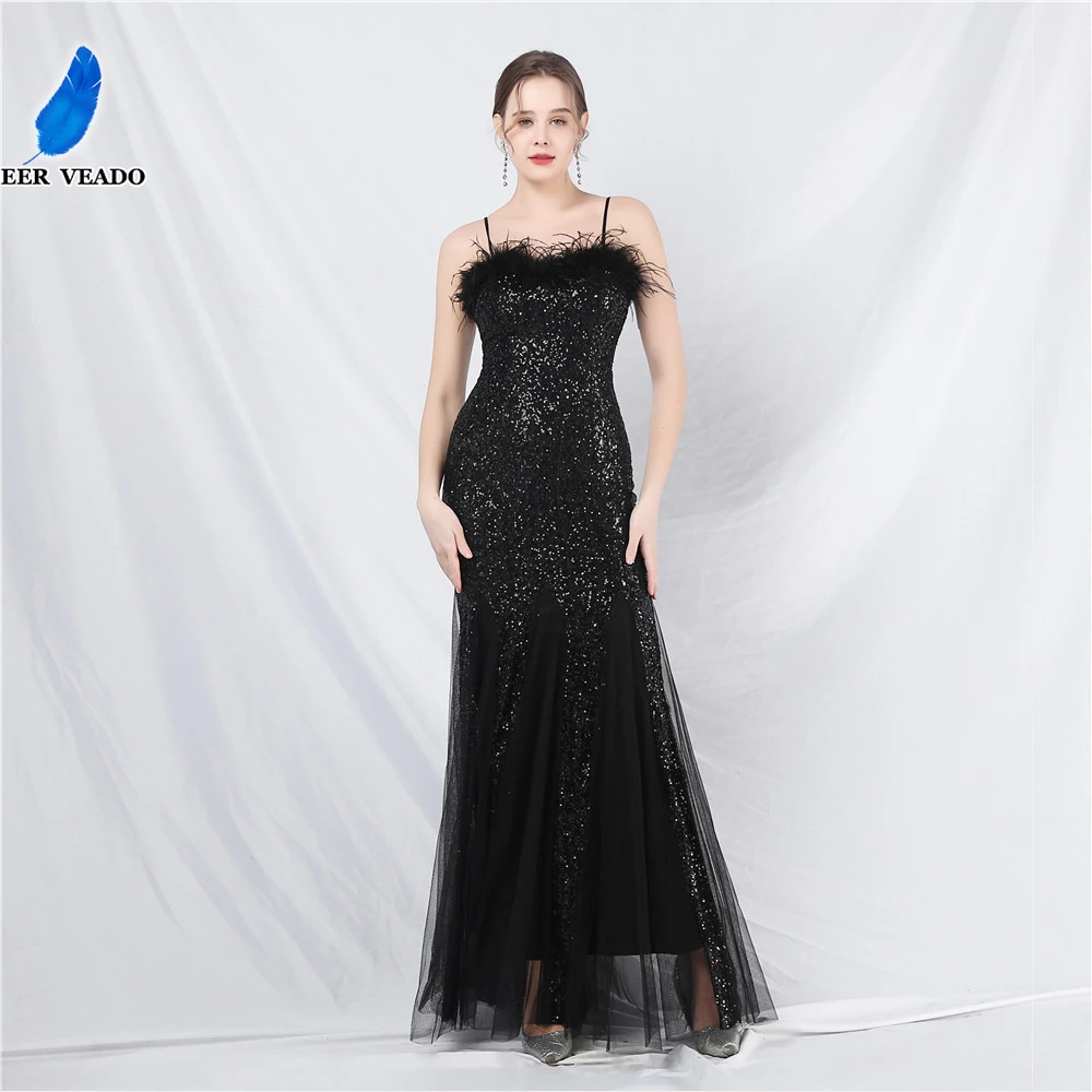 

DEERVEADO Women's Strap Evening Dress with Feathers Chic Sequins Mermaid Formal Occasion Dress Long Prom Party Dresses