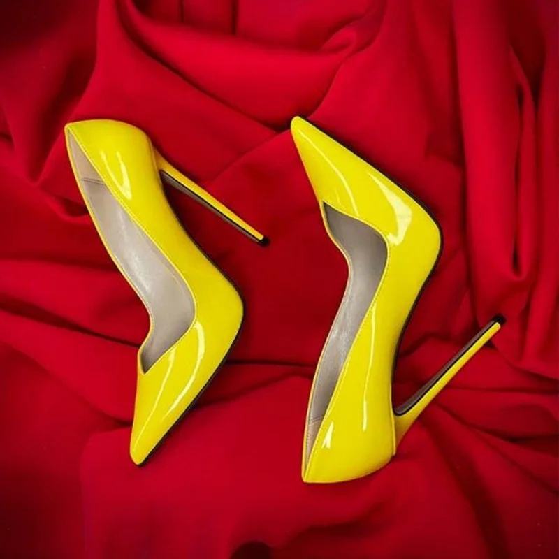 

Elegant V Cut Patent Leather Banquet Dress Shoes Yellow Black Green PU Shallow Female Pumps 12cm 10cm 8cm