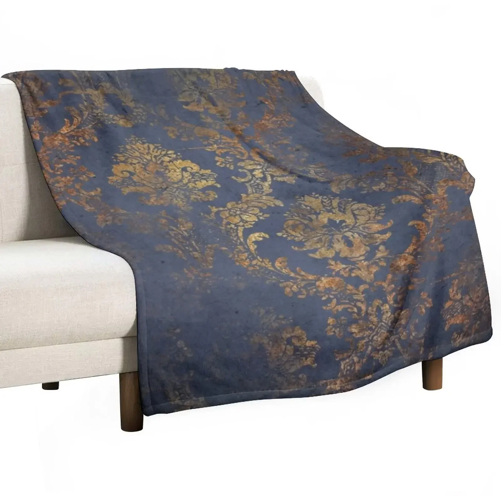 

Elegant Dark Blue and Grunge Gold Damask Pattern Throw Blanket Single Thin Blankets