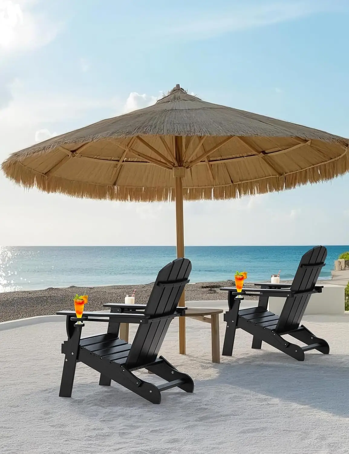 Folding Adirondack Chair Set of 2, Wooden Textured Plastic Adirondack Chairs with 2 Cup Holder, Weather Resistant HDPE Fire