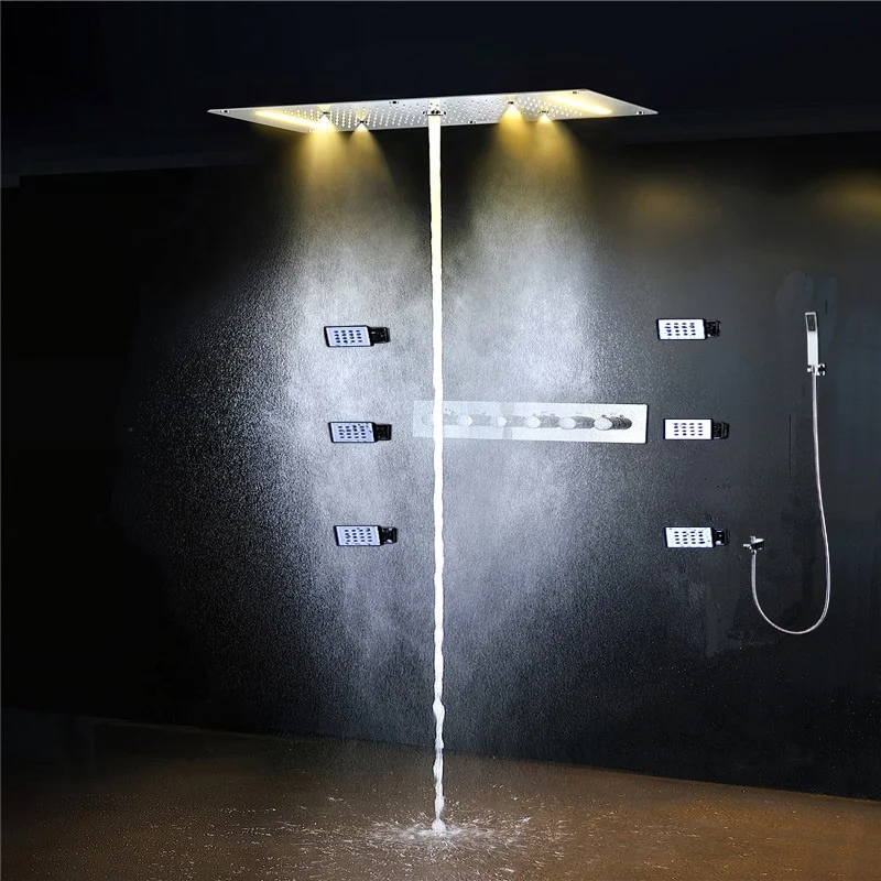 Bathroom LED Thermostatic Shower Set 304 Stainless Steel Rainfall Waterfall Misty Ceiling Shower Faucet Head With Body Jets Set