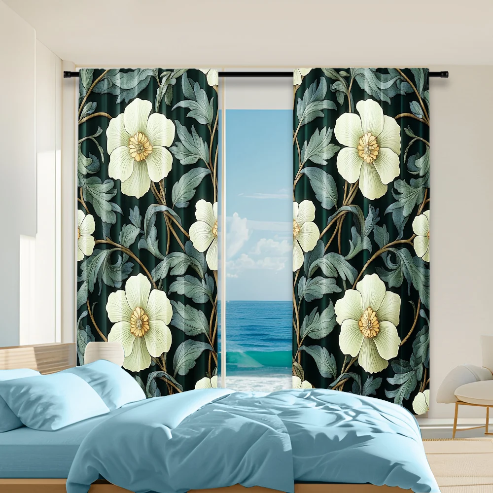 

2 pcs, versatile polyester transparent curtains for home decoration Floral Green for use in bedrooms and living rooms