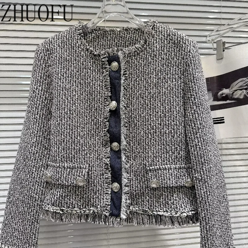 Women Grey Elegant Tweed Jackets Denim Splicing Fringe Trim Silver Button Pockets Vintage French Outerwear Autumn Winter New