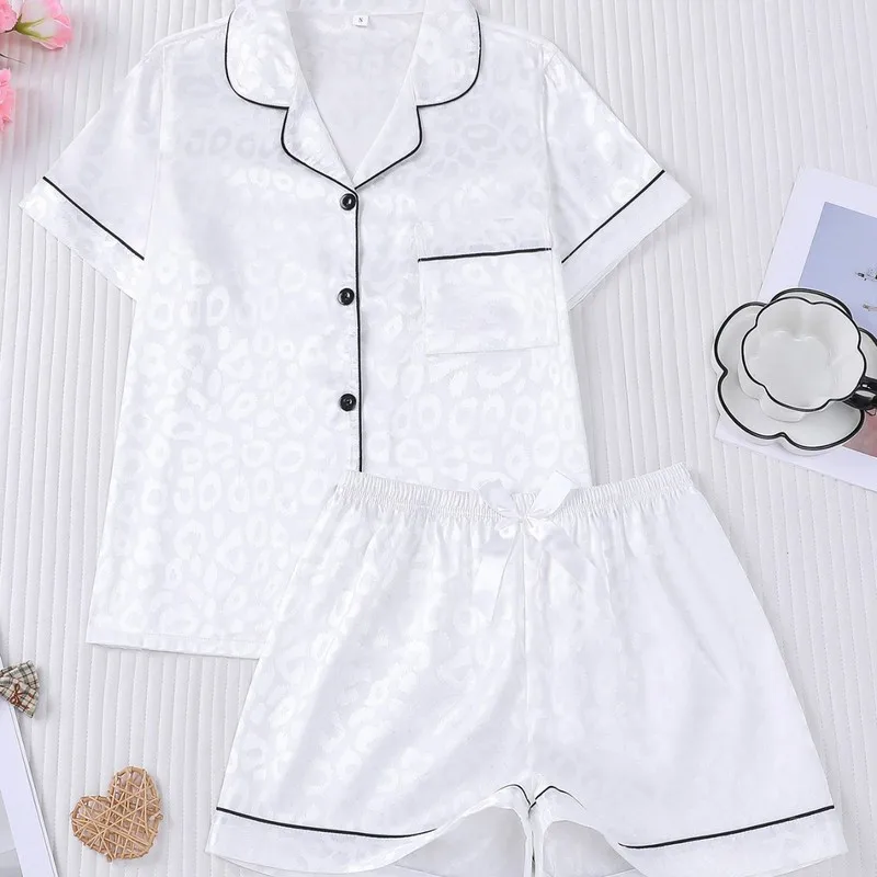 Casual Open-Front Women‘s Silky Cooling Pajama Set, Short Sleeve Cardigan & Relaxed Fit, Breathable Soft Versatile Summer Home L