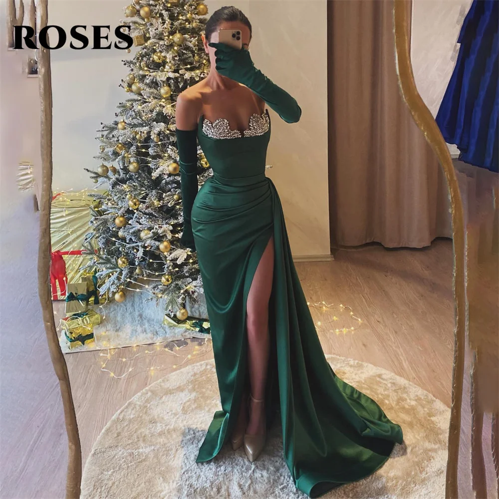 ROSES Green Mermaid Special Occasion Dress Seuqin Beading Formal Gown Long Evening Dresses with Gloves Slit vestidos de fiesta