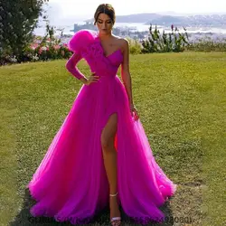 Fuchsia Evening Dress Vestidos De Fiesta One Sleeve Puff robes de soirée Leg Slit prom dresses A Line Party Dress Customized