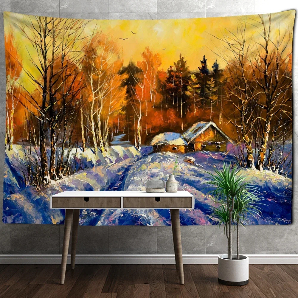 Christmas Tree Snow Scene Oil Painting Tapestry Wall Hanging Bohemian Style Hippie Psychedelic Witchcraft Room Home Decor