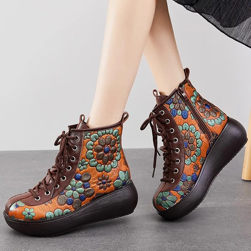 GKTINOO Genuine Leather Women Boots Retro Shoes 2024 New Autumn Winter Print Round Toe Lace-up Handmade Concise Platform Boots