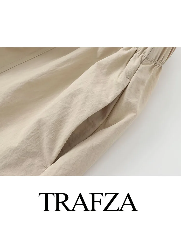 TRAFZA-Saia vintage longa em linha A para mulheres, bolsos elegantes e elegantes, elástico na cintura, estilo balão plissado, moda feminina, outono