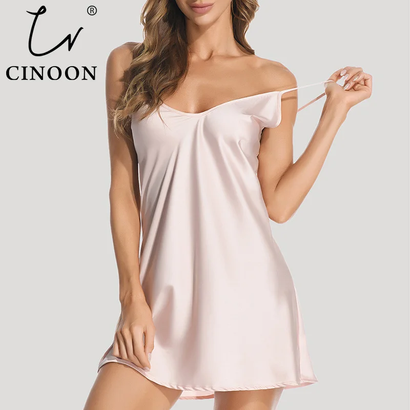 CINOON Women Summer Sleepwear Sexy Deep V Imitation Silk Nightdress Solid Color Sling Ice Silk Home Clothes Satin Nightgown