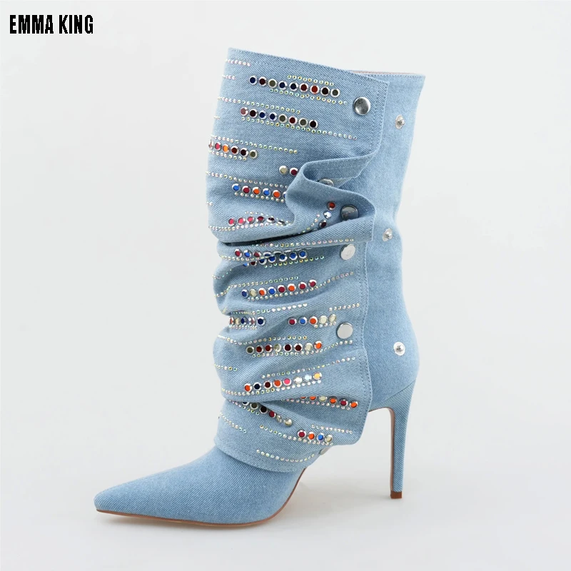 

Super Bling Crystal Fold-over Denim Knee Boots Thin High Heel Pointy Toe Retro Cloth Boots Woman Rhinestone Jean Knight Boots