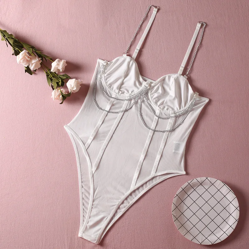 Amazon transfronteiriça verão nova alça de corrente de metal pesado top sexy transparente modelador bodysuit.