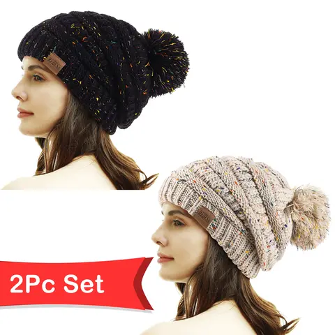 Women Winter Pom Pom Beanie Hat，Warm Chunky Soft Oversized Cable Knit Cap，with Warm Fleece Lined
