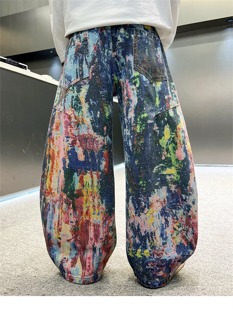 Street-Style Kinder Baggy Jeans mit Malerei für Jungen, Modische Hip-Hop Bedruckte Öl-Denim-Hosen, Teenager Kinder Streetwear Jeans Hosen – Detail 5