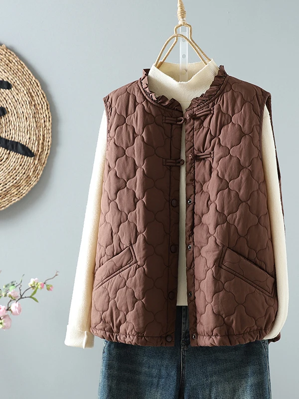 

Chinese Sle Button Pr Flower down Cotton Vest Women's Winter Outerwear No Sve oulder Pad Warmth Slimming Floral Col...