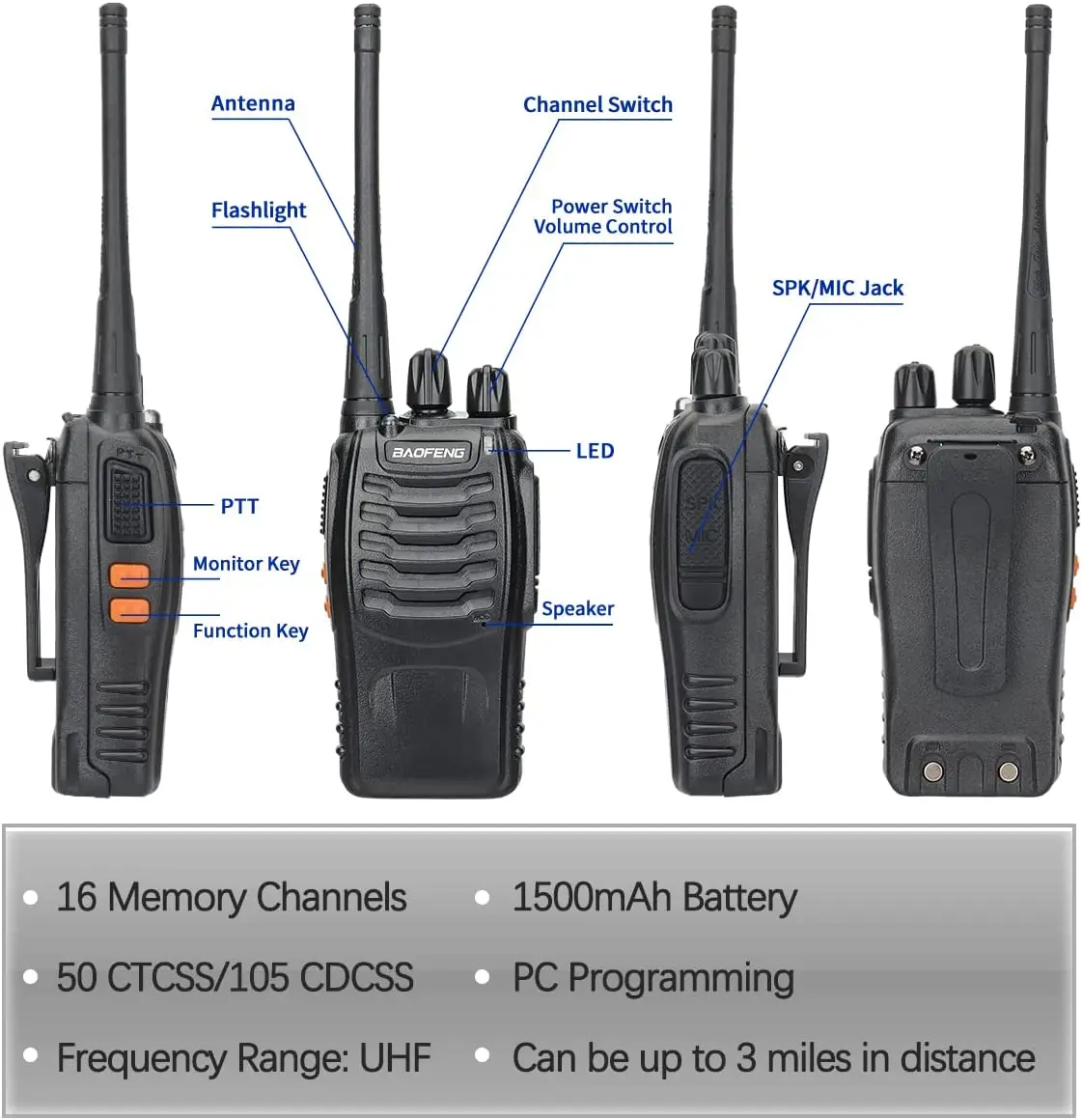 Baofeng BF 1/2 S Walkie Talkie UHF, tranceiver radio Ham dua arah jarak jauh 888 400 MHz 470 s untuk berburu Hotel