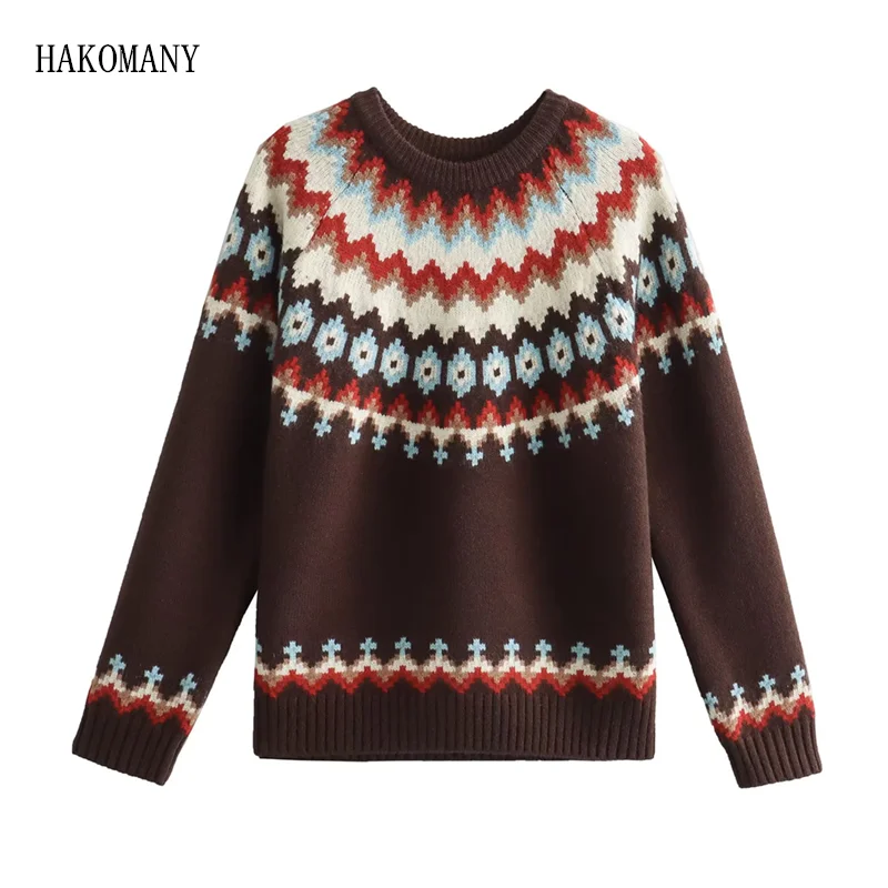 2023 Retro Christmas Sweater Round Collar Geometric Wave Striped Knit Pullover Knitwear Long Sleeve Jumper Coffee Red