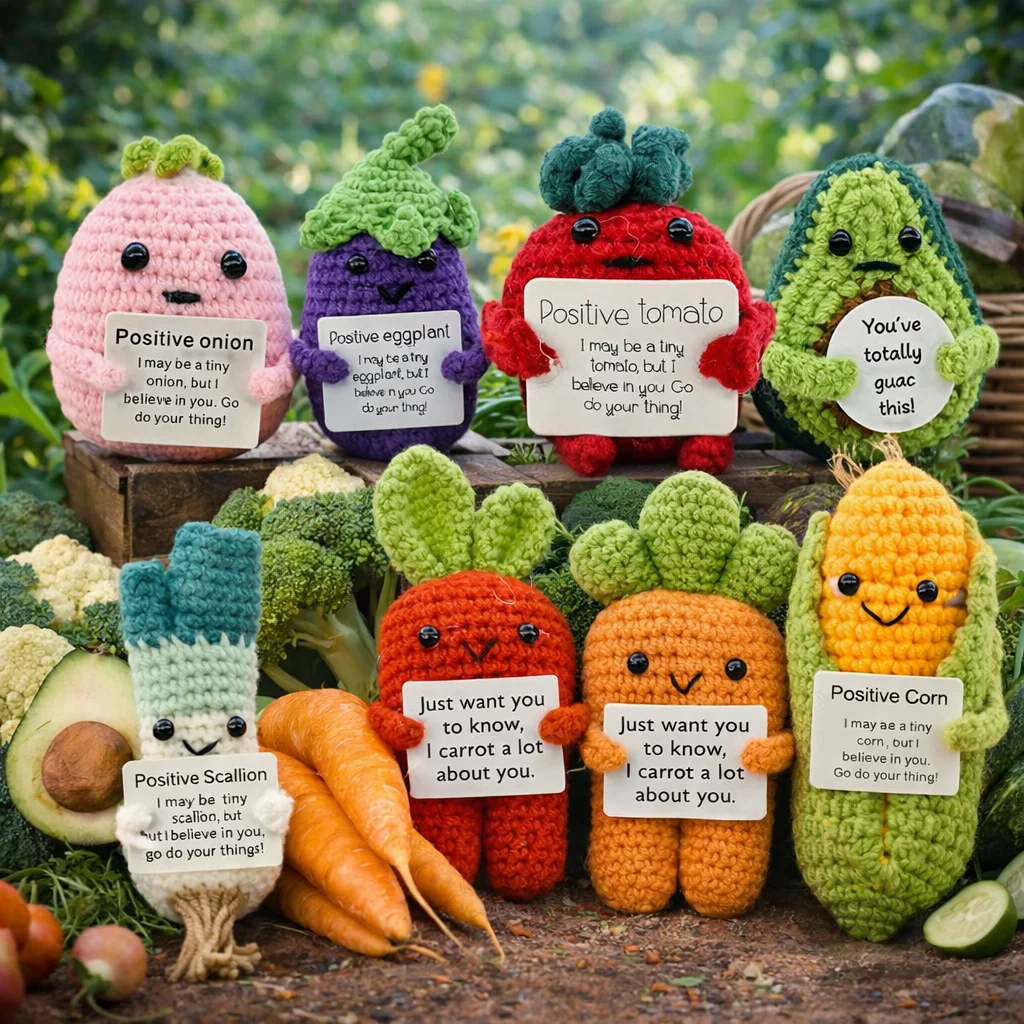 Veggie&Fruit Series Positive Energy Crochet Vegetable Set Handmade Knitted Doll with Encouragement Card Mini Desk Decor Gift