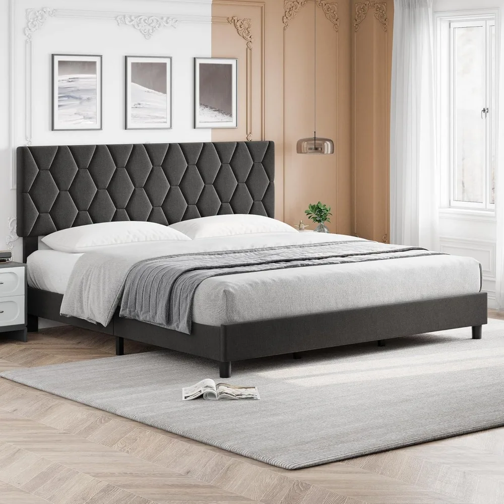 

Queen Size Bed Frame with Upholstered Headboard, Heavy-Duty Platform, No Box Spring Needed/Easy Assembly/Noise Free