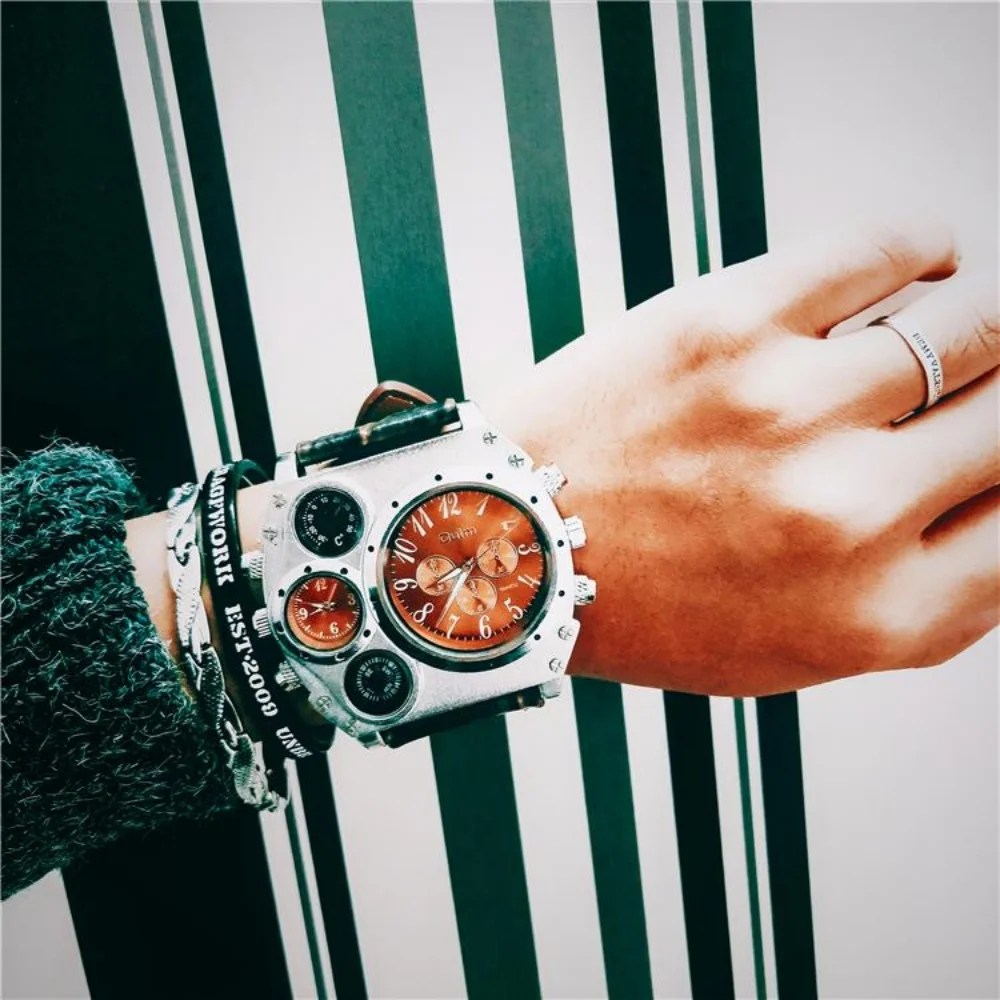 Military-Style Large Dial, High-End Luxury, Fashionable Casual Men's Watch, Dual Time Zone, Punk Gothic Style, Unique Street Cool Versatile Social Guy Trendy Men's Wristwatch