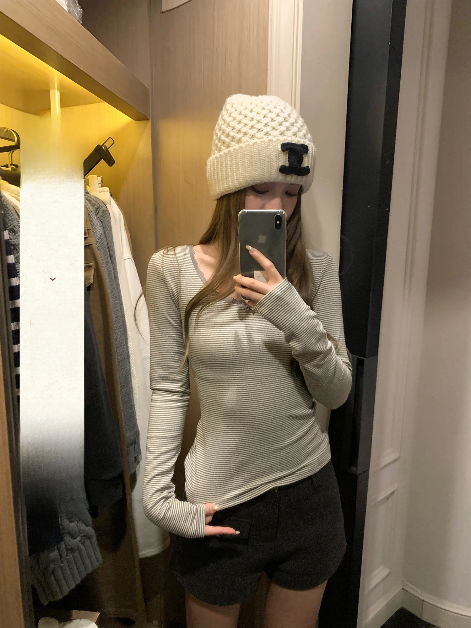 

Yuzuqi Heareat First Love Striped Lace Base irt Women's Long Sve Inner Wear T-irt Warm Top Casual Slim Fit Sle