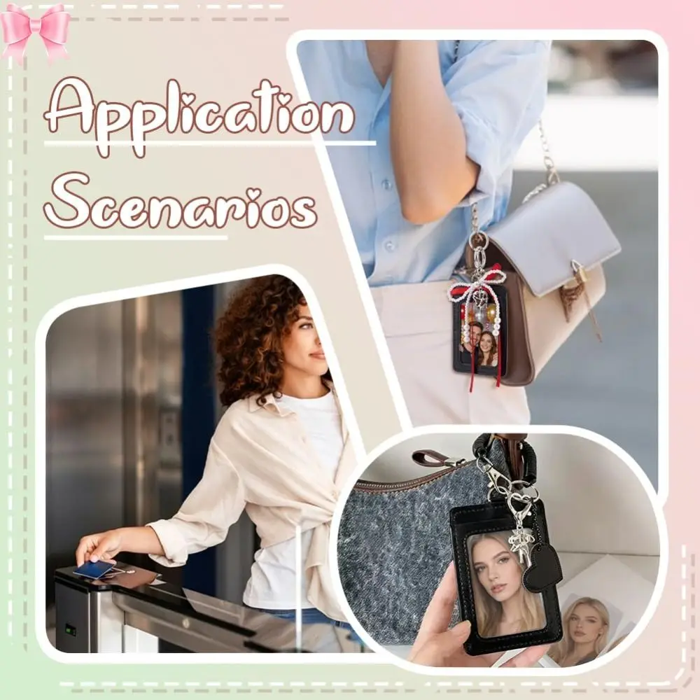 Pearl Bow Photocard Holder Key Ring Dangling Charm PU Leather ID Card Holder Hardware Clear Window Card Sleeve Handbag Hanging