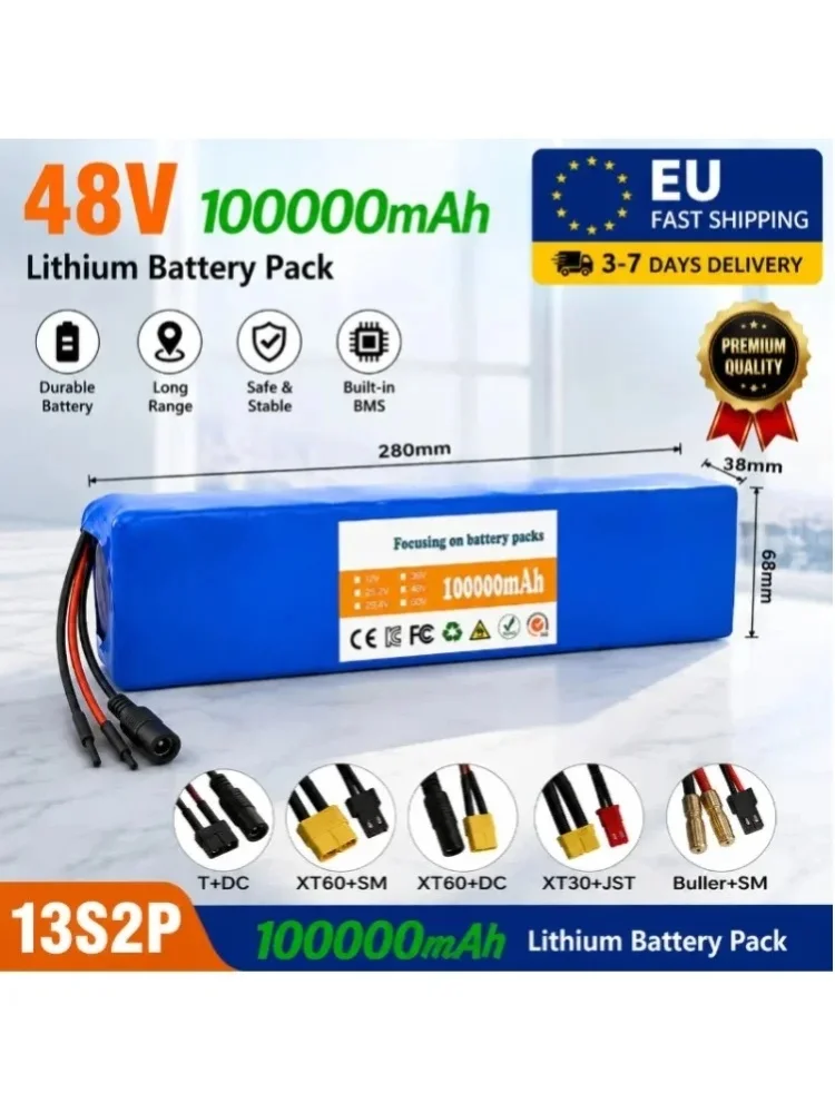 13S2P 48V 100Ah Lithium-Akkupack 100000mAh 18650 Wiederaufladbarer Akku mit Smart BMS für E-Bike Elektrofahrrad Roller 250W 350W 500W 750W 1000W Kostenloses 54,6V Ladegerät