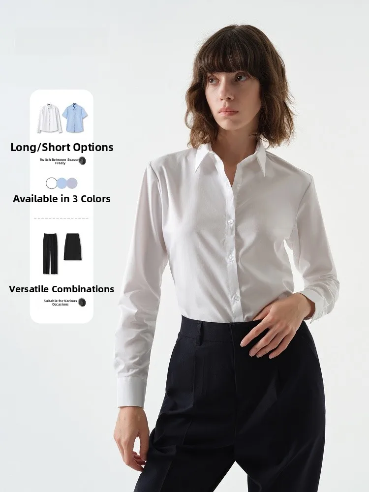 

LeLen White Slim Fit Long Sleeve Shirt for Women Business Formal Workwear Commute Style Breathable Polyester Cotton Blend