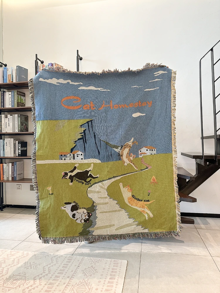 

Decorative Illustration Cotton Tow Blanket Handwoven Casual Sofa Wall Tapestry Rectangular American Country Sle