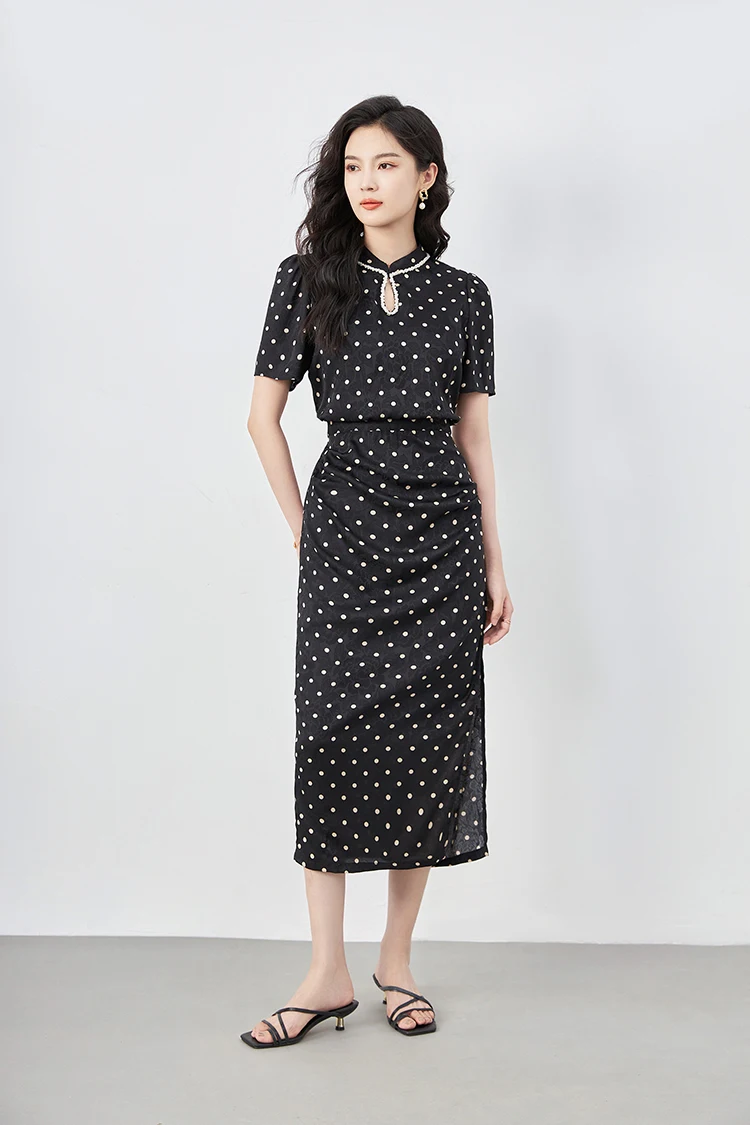 Women's Runway Dresses Stand Collar Beaded Sexy Keyhole Side Split Dots Printed Elegant Fashion Mid Vestidos