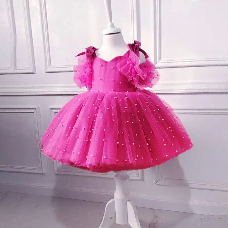 1 to 5 Yrs Kid Summer Baby Girls Ceremonial Dress Children\'s Pearl Tulle Princess Party Dresses For Wedding Tutu Perform Vestido