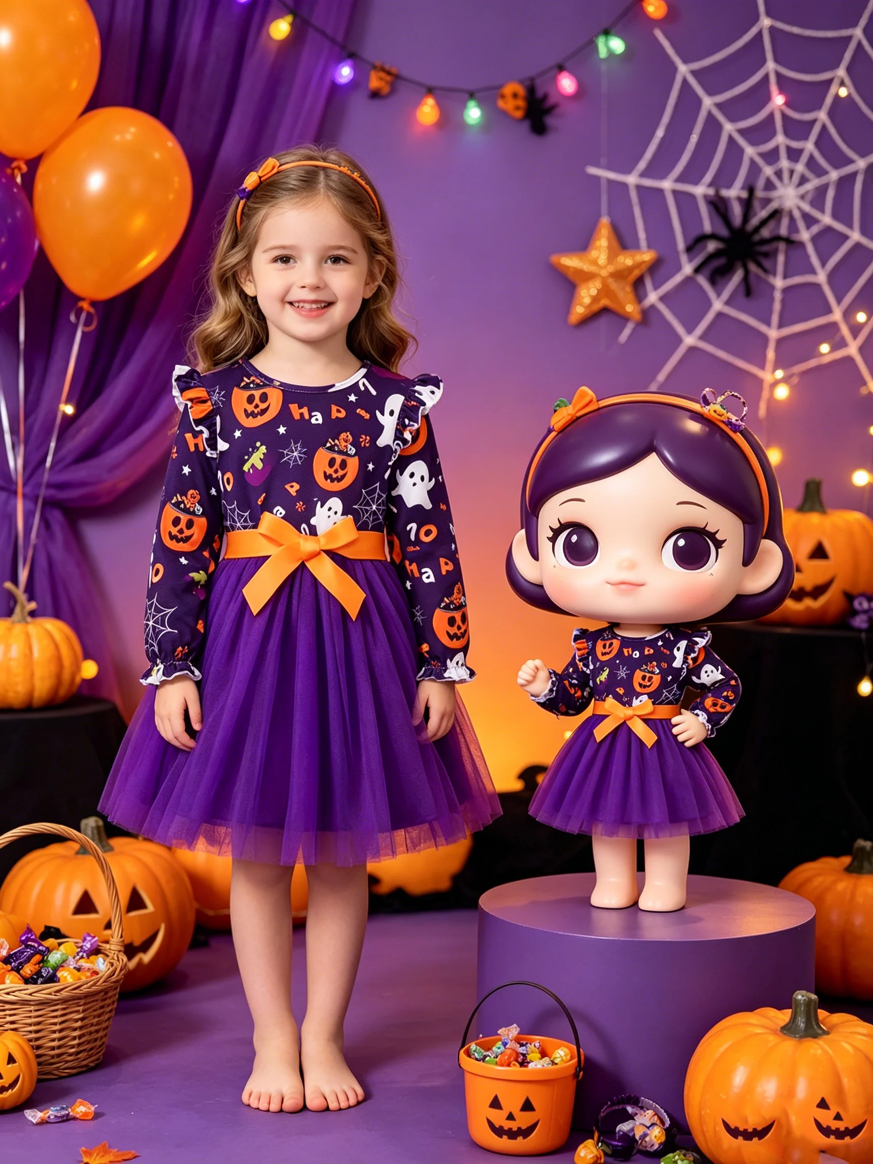 Langärmeliges Halloween-Kleid aus Netzstoff für Kinder mit Kürbis- und Geistermuster, Rundhalsausschnitt, mittellanger Rock für Kinderkostüme – Detail 2
