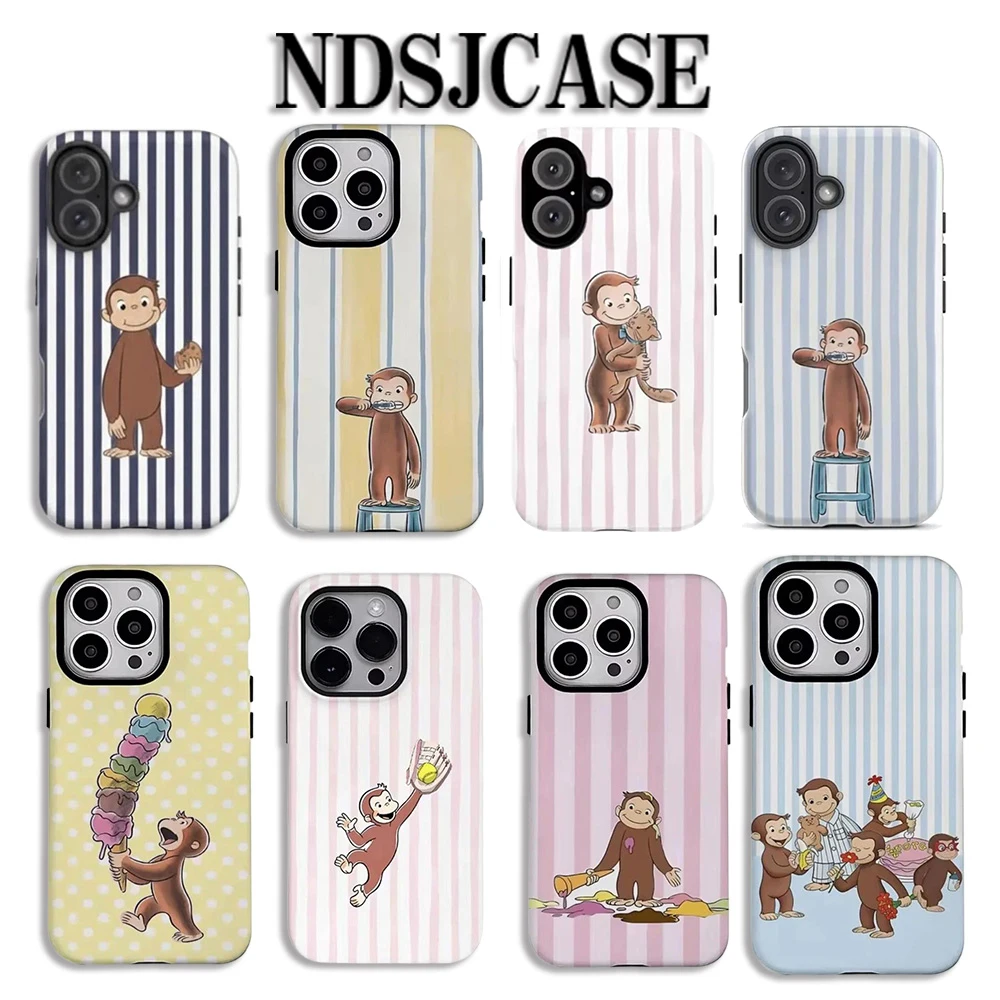Luxuriöse Clmj Niedliche Affen Curious George Handyhülle für iPhone 17 16 15 14 13 12 11 X XS Air Pro Max Plus Doppelschichtige Rückabdeckung