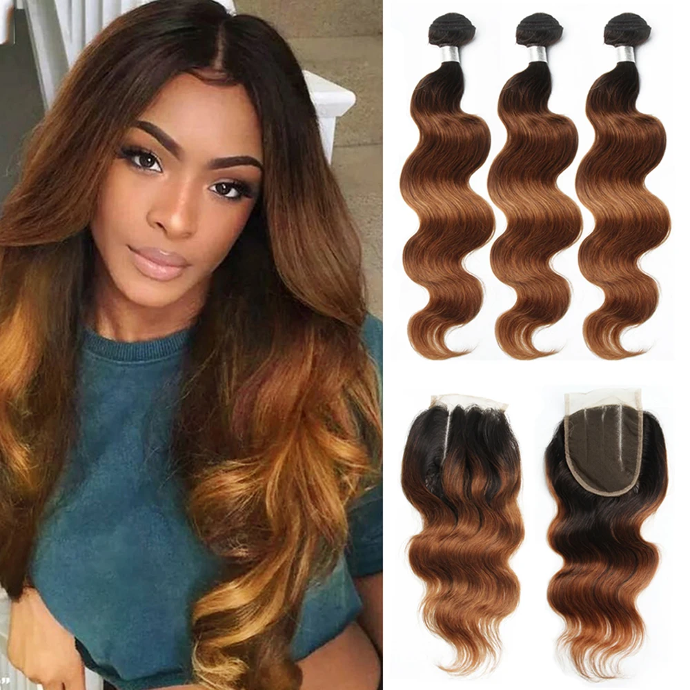 Zestawy typu Body Wave z zamknięciem Zestawy w 100% ludzkich włosów z zamknięciem 70 g/sztuka Brazylijskie włosy splotowe Zestawy Ombre z zamknięciem
